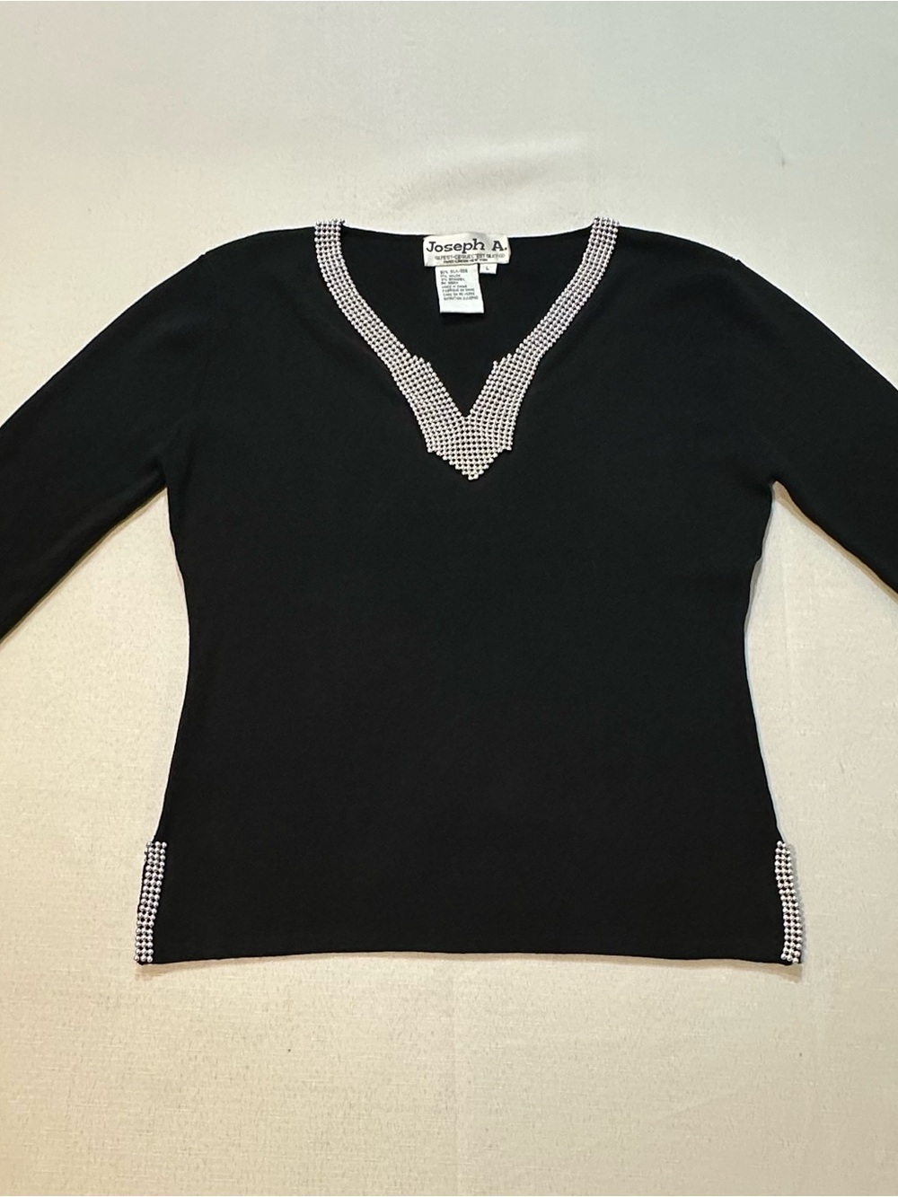 Joseph A Black Beaded V Neck 80% Silk Blend Top Size L